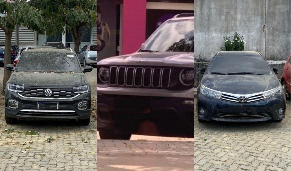 Montagem com fotos de um VW T-Cross (à esquerda), um Jeep Renegade (centro) e um Toyota Corolla (à direita) sequestrados pela Polícia