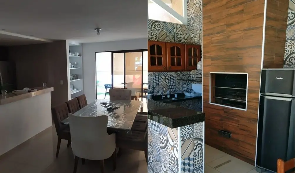 Montagem com interiores de sala de jantar (à esquerda) e deck (à direita) de casa de Dino sequestrada pela Polícia