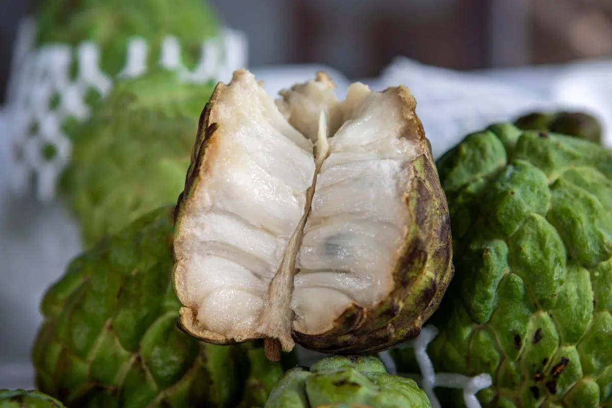 foto de uma fruta do conde cortada ao meio