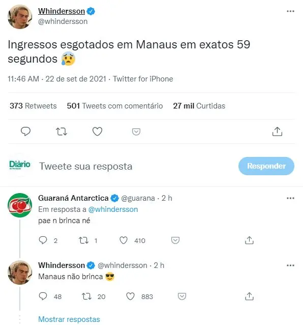 Comentário de Whindersson Nunes sobre esgotamento de ingressos