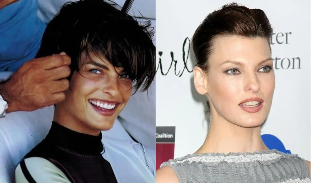 Montagem com fotos de Linda Evangelista mais jovem (à esquerda) e em 2011 (à direita)