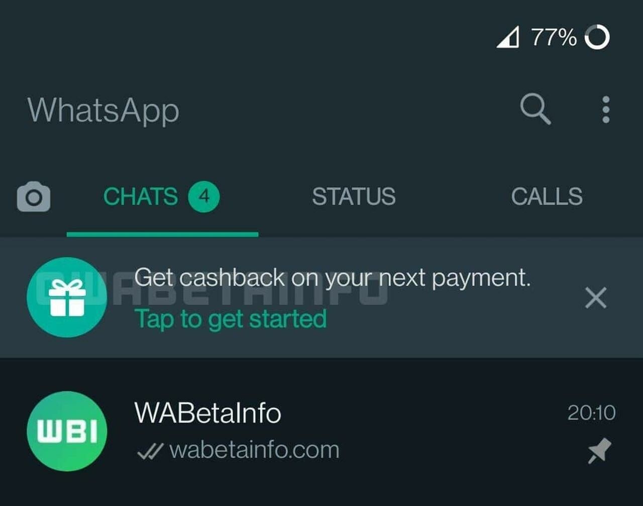 Print da tela de um celular em que o recurso de cashback do WhatsApp é testado