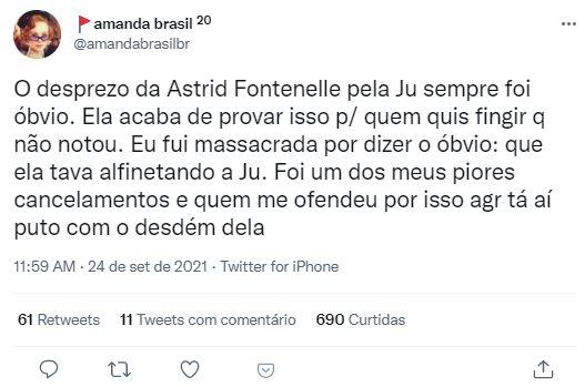 Perfil do Twitter falando negativamente sobre ação de Astrid Fontenelle sobre presskit de Juliette