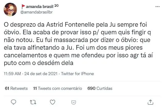 Perfil do Twitter falando negativamente sobre ação de Astrid Fontenelle sobre presskit de Juliette