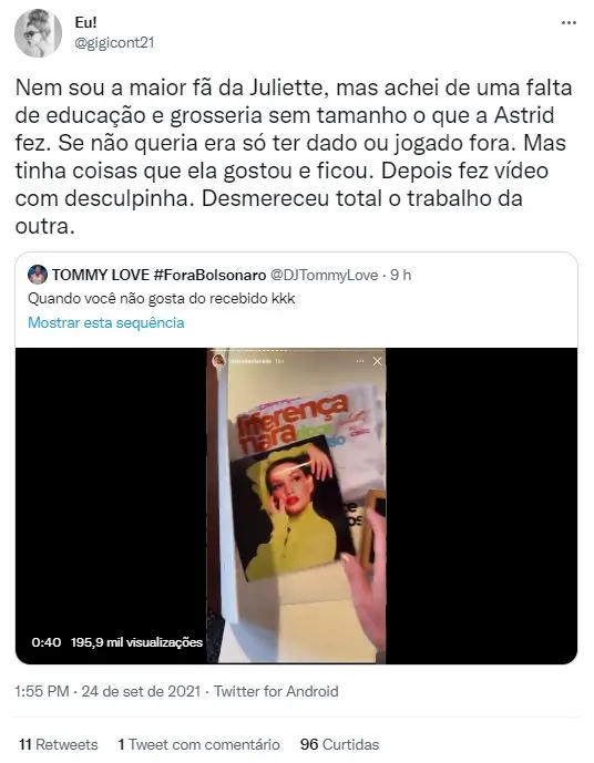 Perfil do Twitter falando negativamente sobre ação de Astrid Fontenelle sobre presskit de Juliette