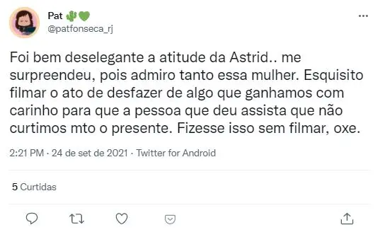 Perfil do Twitter falando negativamente sobre ação de Astrid Fontenelle sobre presskit de Juliette
