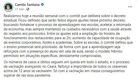 publicação de camilo santana no facebook