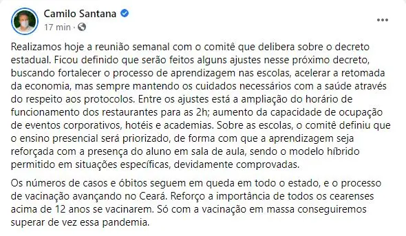 publicação de camilo santana no facebook