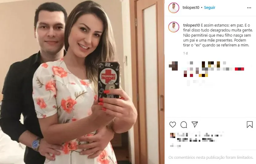 Thiago também fez publicação ao lado de Andressa no Instagram