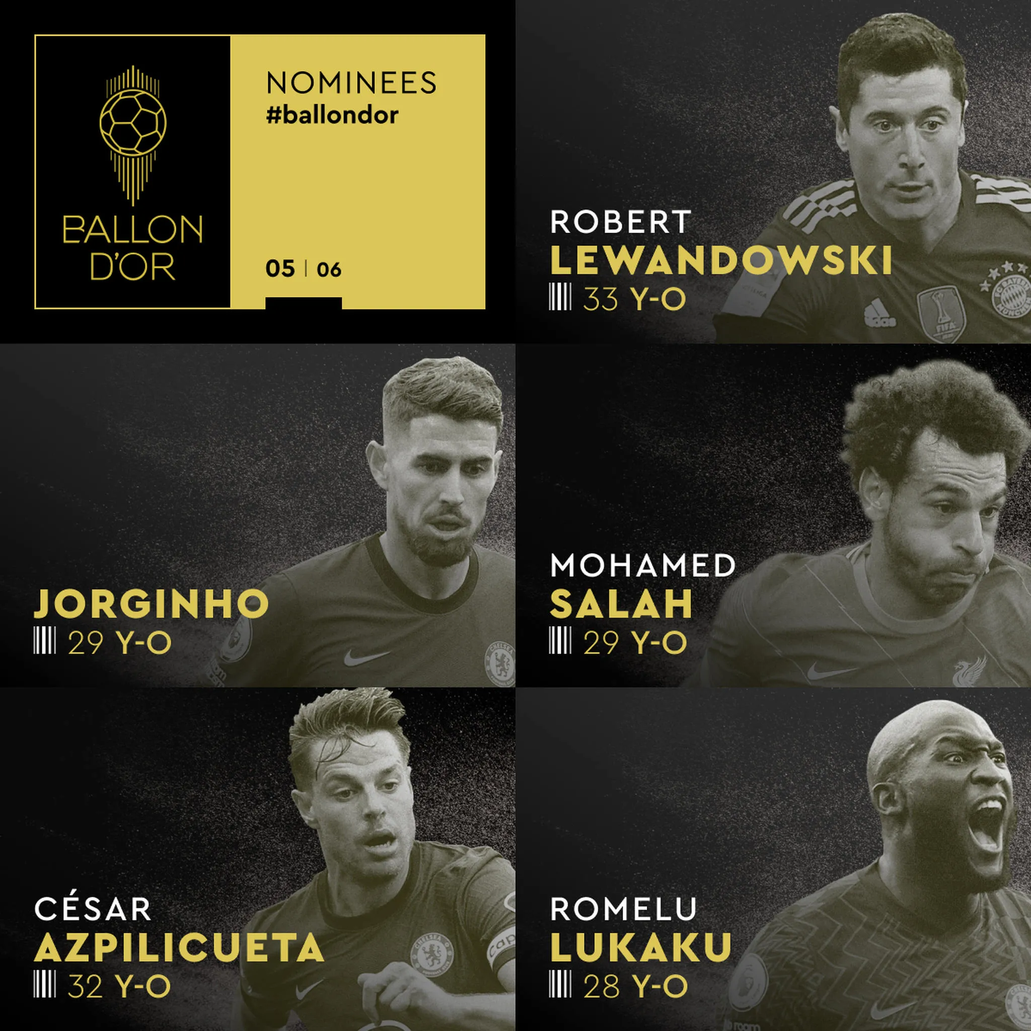 Jorginho, Mohamed Salah, César Azpilicueta e Romelu Lukaku estão entre os 14 atletas que disputam à Premier League e foram indicados ao prêmio Bola de Ouro 2021 da revista France Football