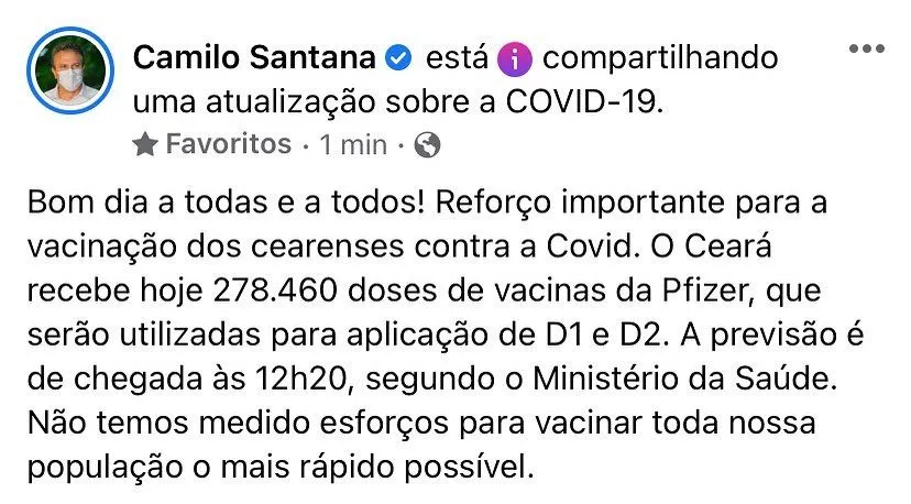 Gestor anunciou a nova remessa em publicação nas redes sociais