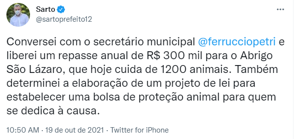 Tweet em que Sarto Nogueira anuncia repasse anual de R$ 300 mil ao Abrigo São Lázaro
