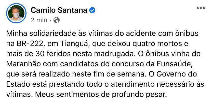 Camilo Santana comenta acidente em Tianguá