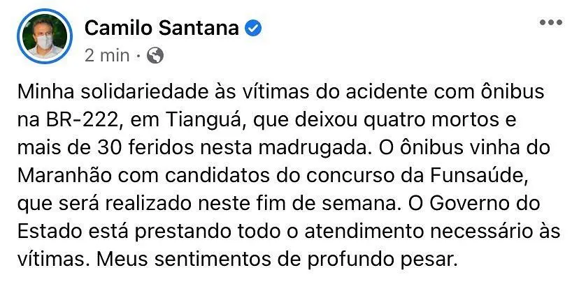 Camilo Santana comenta acidente em Tianguá