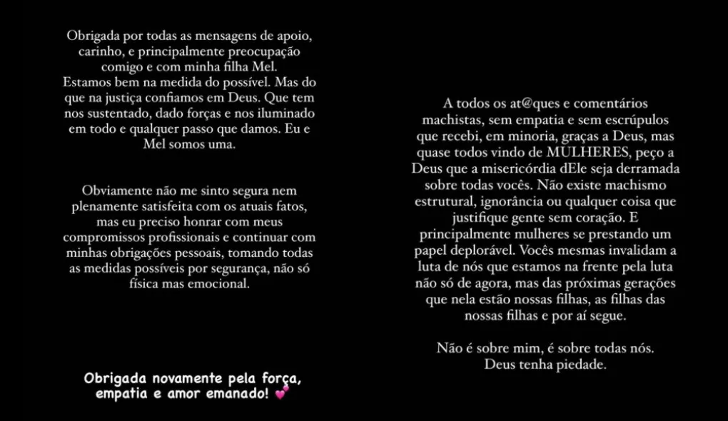 A influenciadora publicou stories no Instagram falando sobre a soltura do ex-marido e agressor