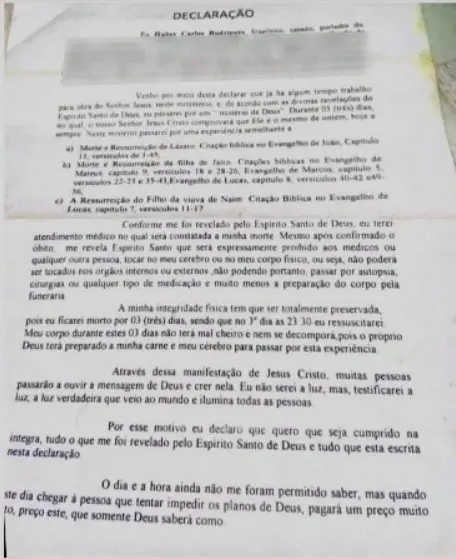 Documento em que pastor afirma que ressuscitaria no terceiro dia após a morte