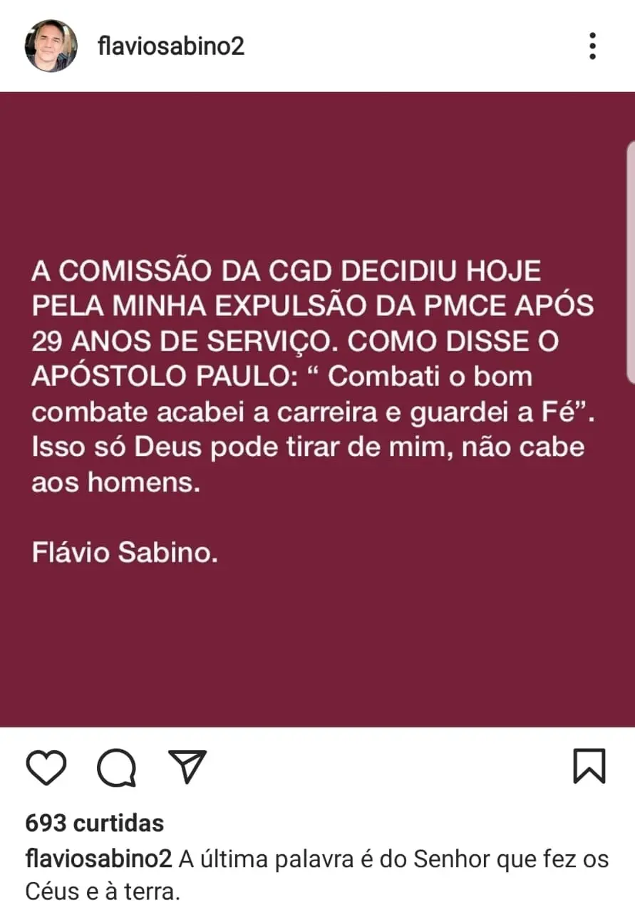 Publicação feita por Cabo Sabino no Instagram, na noite da última terça-feira (26)