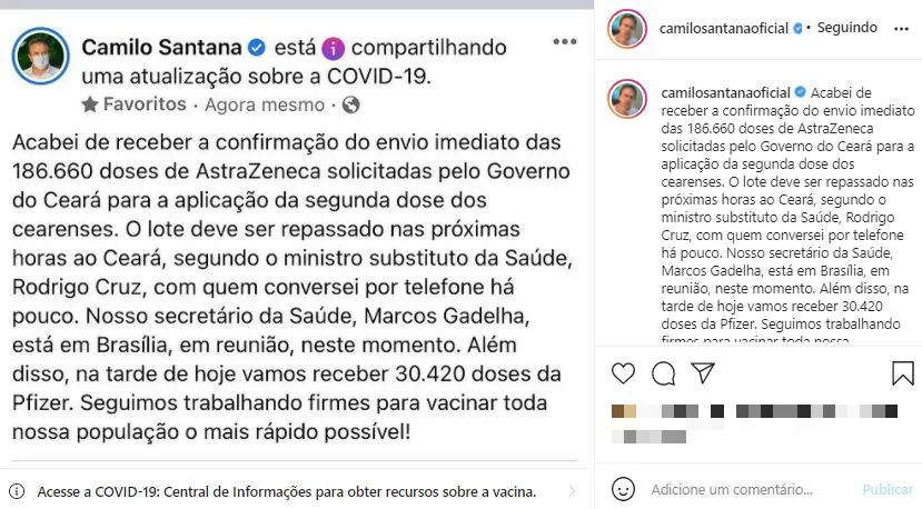 Publicação de Camilo Santana foi feita no Instagram