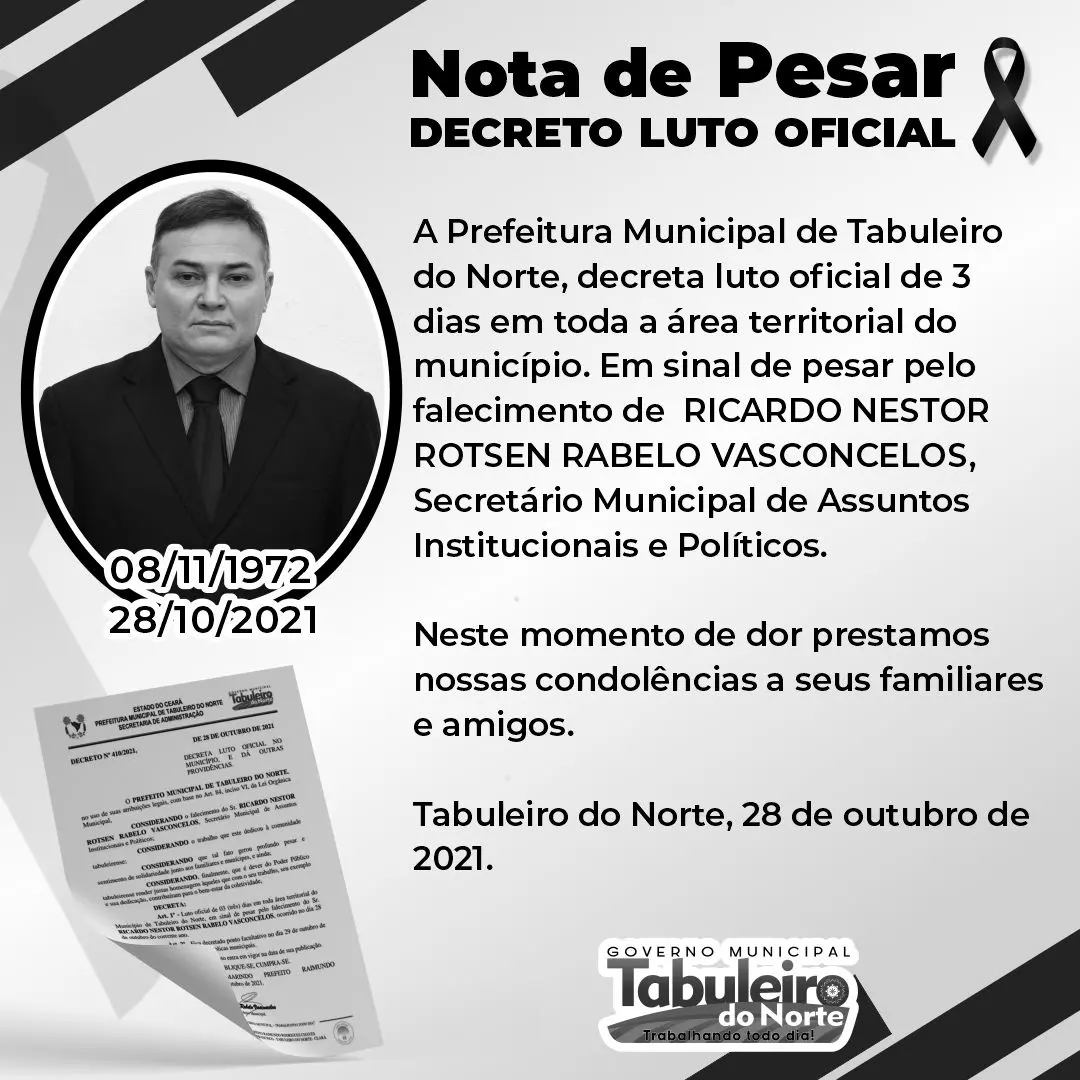 Nota de pesar da prefeitura de tabuleiro do norte sobre morte de ricardo nestor