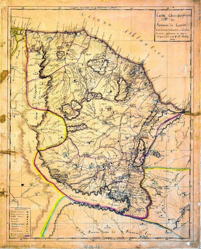 Carta cartográfica da Província do Ceará, em 1861, antes de se ceder ao Piauí uma saída para o mar (no noroeste do mapa, localidade de Armação, hoje município piauiense de Luís Correia) e de se anexar as terras de Crateús (oeste) ao Ceará