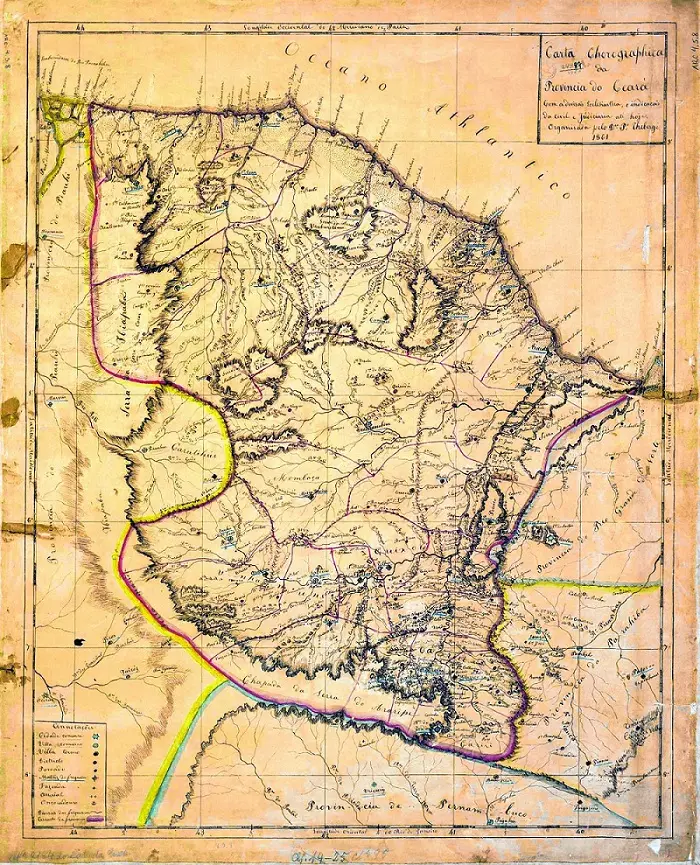 Carta cartográfica da Província do Ceará, em 1861, antes de se ceder ao Piauí uma saída para o mar (no noroeste do mapa, localidade de Armação, hoje município piauiense de Luís Correia) e de se anexar as terras de Crateús (oeste) ao Ceará