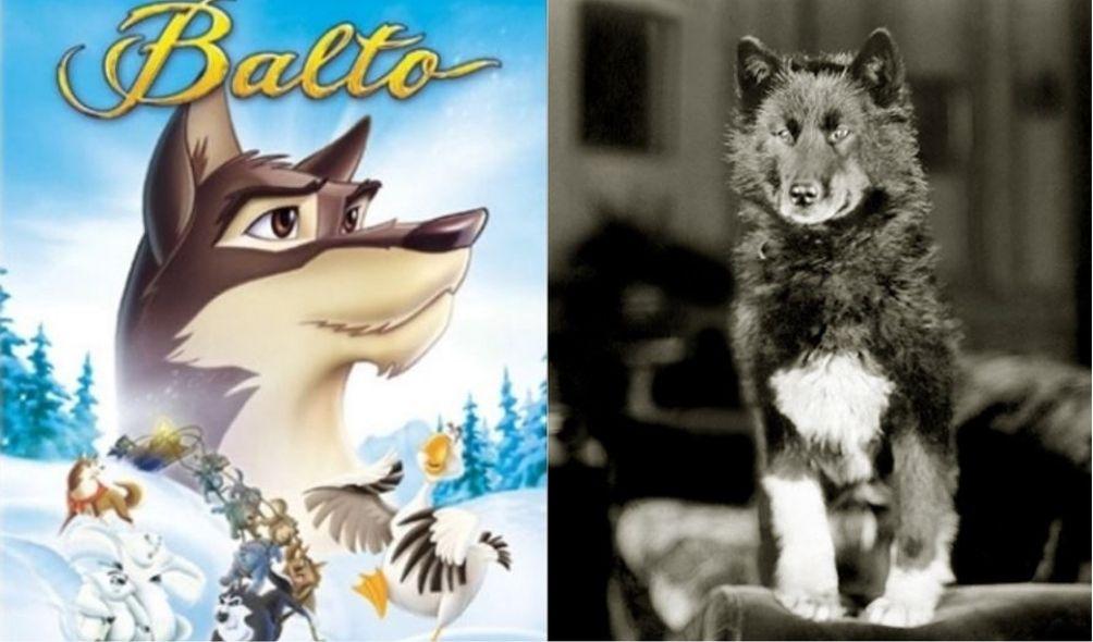 Montagem com foto do cartaz do filme Balto (à esquerda) e do cão vivo em hotel de Nova York (à direita)