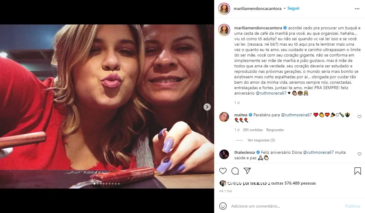 Homenagem de Marília Mendonça à mãe, Ruth Moreira, feita um dia antes da morte da cantora
