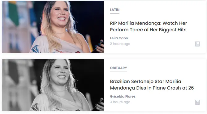 Site da Billboard com notícias sobre morte de marília mendonça