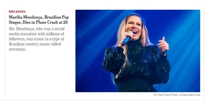 Página inicial do The New York Times com notícia sobre morte de Marília Mendonça
