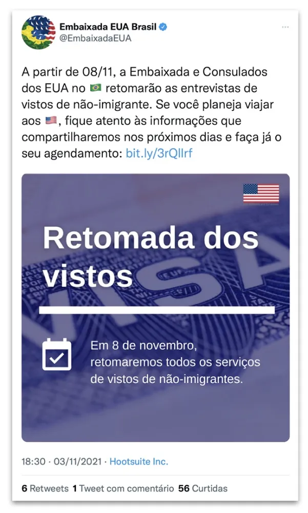 Comunicado emitido pela Embaixada dos EUA no Brasil