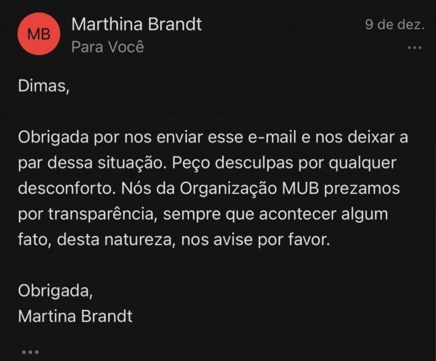 Mensagem de Martina Brandt, da organização do Miss Universo Brasil, sobre golpe de Julia Gama