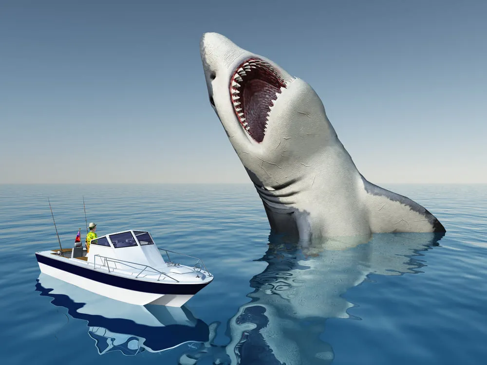 Ilustração 3D gerada por computador mostra o tamanho do megalodon em comparação a um barco a motor