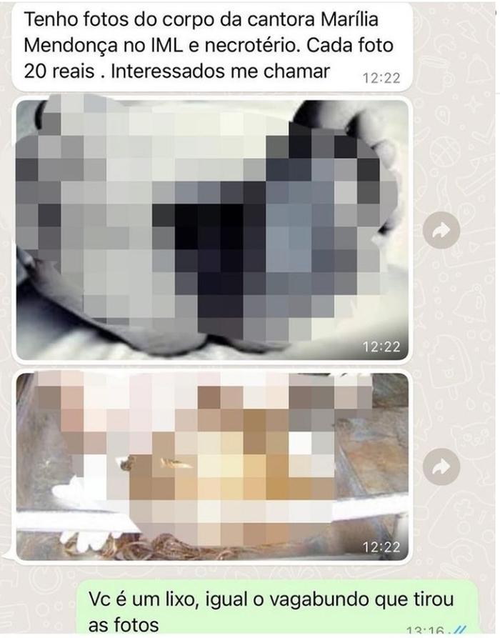 Reprodução de mensagem vendendo falsas fotos de corpo de marília mendonça