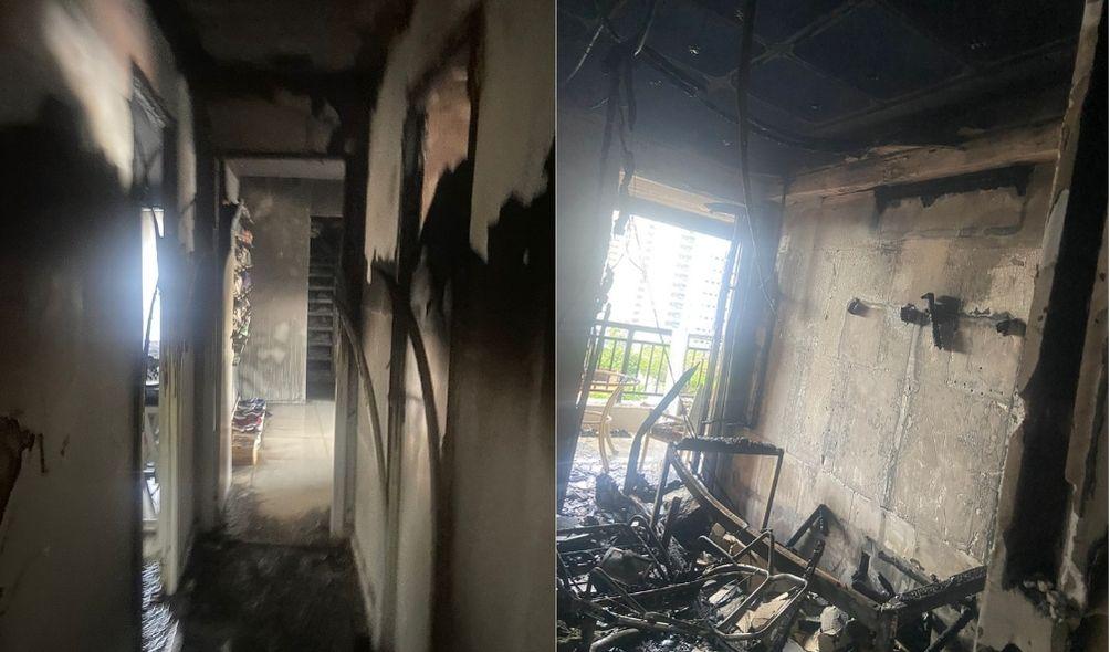 Montagem com duas imagens de cômodos de apartamento no Guararapes atingido por incêndio