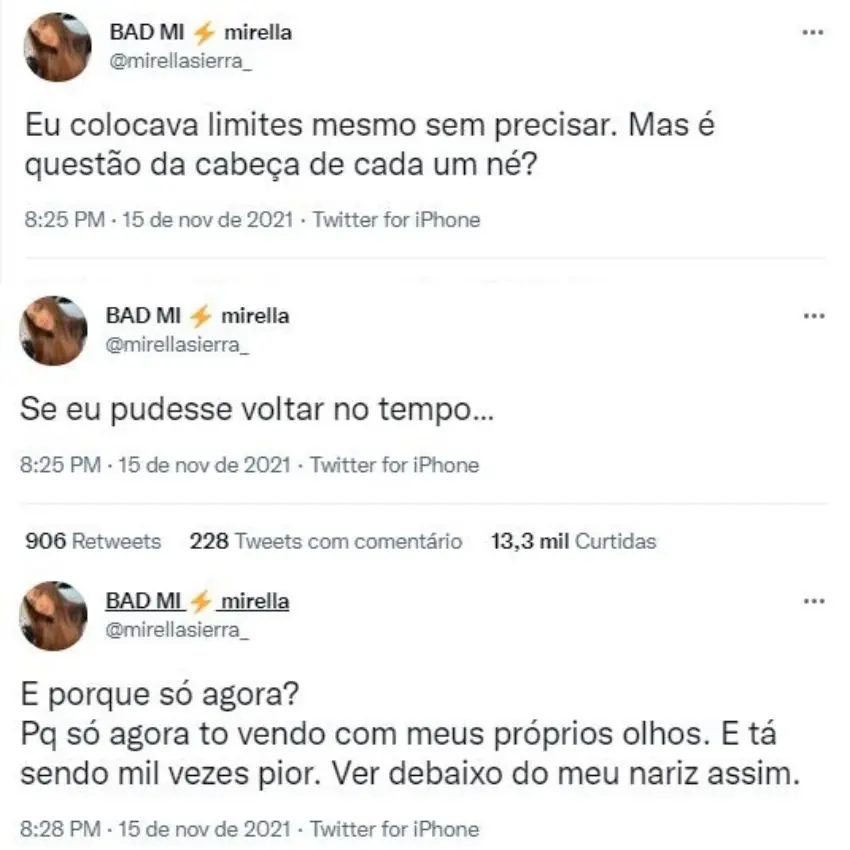 Montagem com três tuítes de Mirella acerca de situação com Dynho