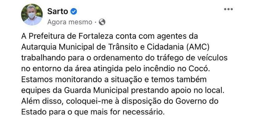 Sarto comenta incêndio no Cocó