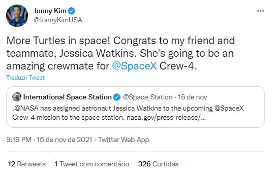 Captura de tela de tuíte de Jonny Kim sobre Jessica Watkins