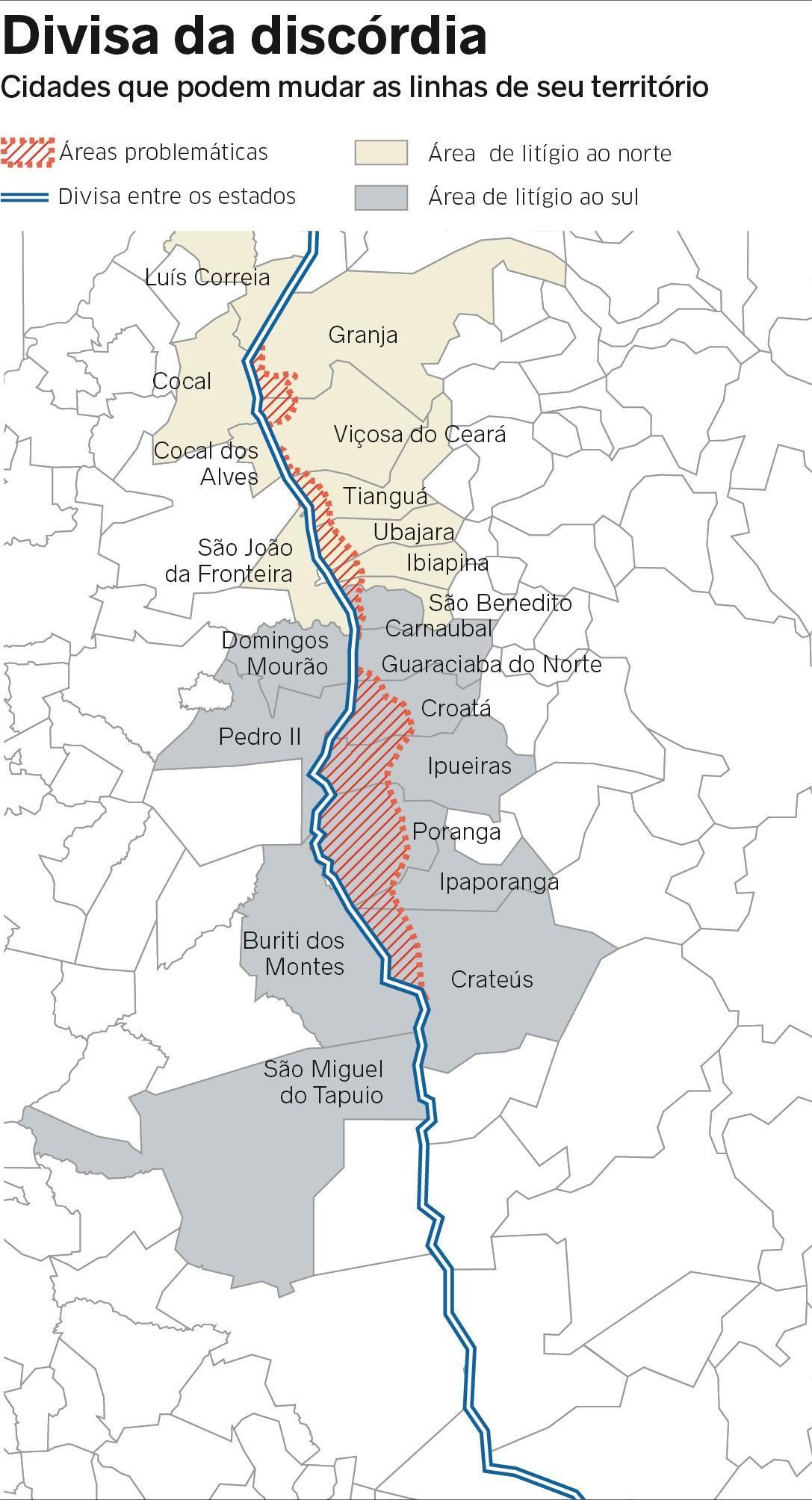 Mapa que mostra o território em disputa entre Ceará e Piauí