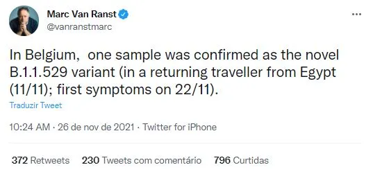 Médico comunicou ocorrência da nova cepa, registrada como B.1.1.529
