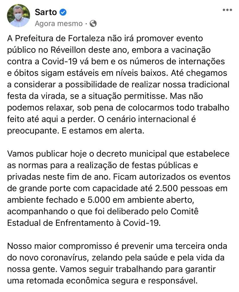 print de post de sarto sobre o réveillon em fortaleza
