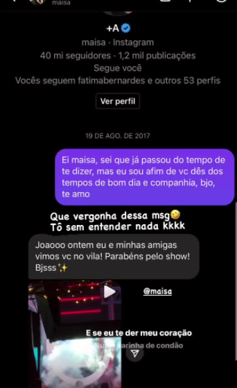 print de conversa entre João Gomes e Maisa Silva no Instagram