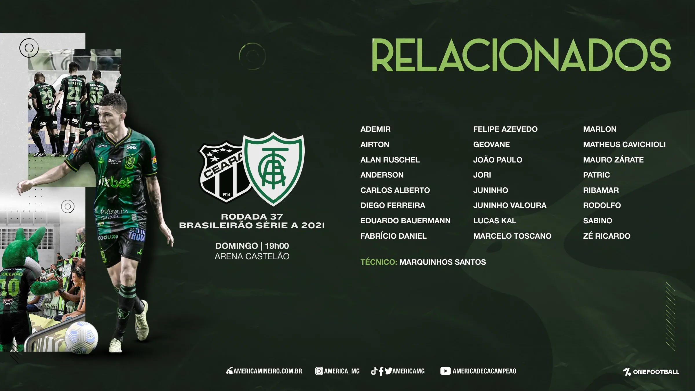 Lista de relacionados do América-MG para enfrentar o Ceará, no domingo (5), pela 37ª rodada da Série A do Campeonato Brasileiro
