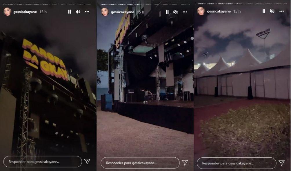 Montagem com três fotos de instalações do palco e dos camarins de artistas a se apresentarem na Farofa da GKay