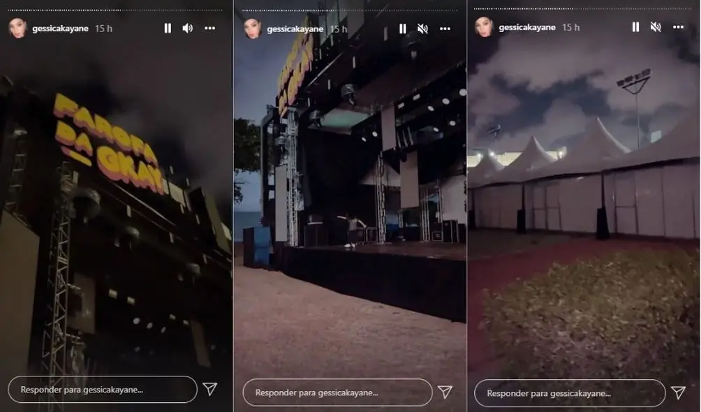 Montagem com três fotos de instalações do palco e dos camarins de artistas a se apresentarem na Farofa da GKay