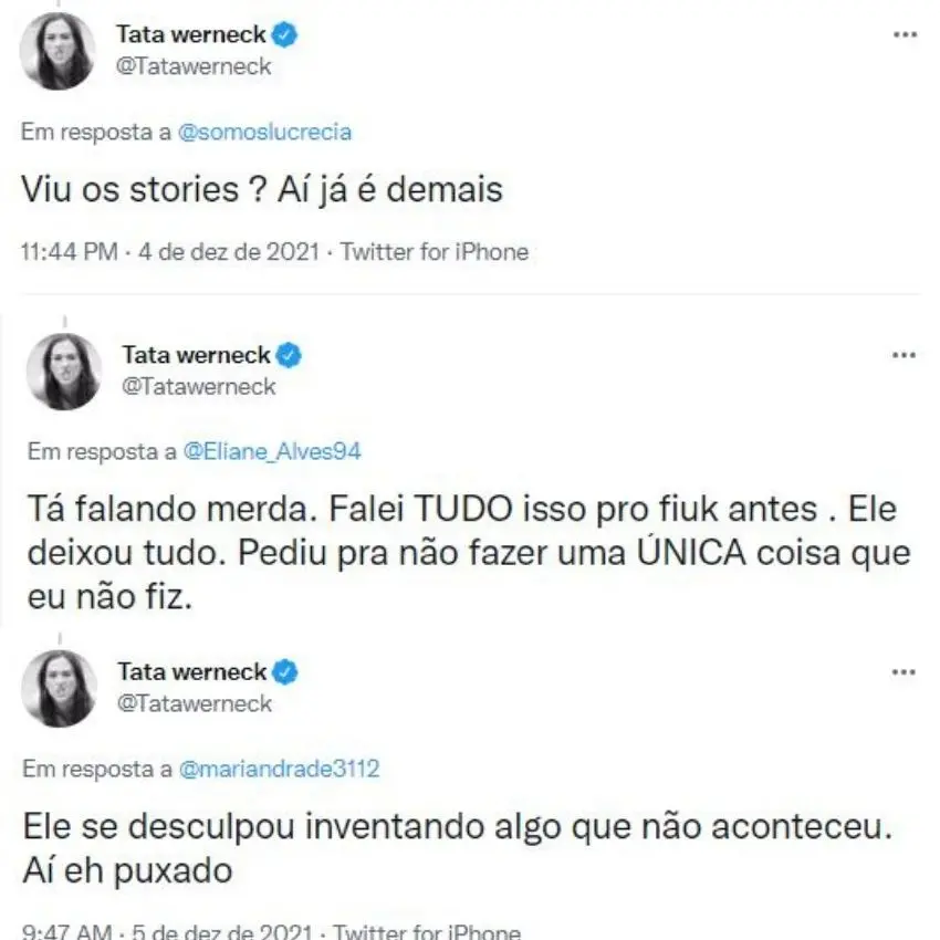 Capturas de tela de tweets de Tatá Werneck em resposta a seguidores sobre participação de Fiuk