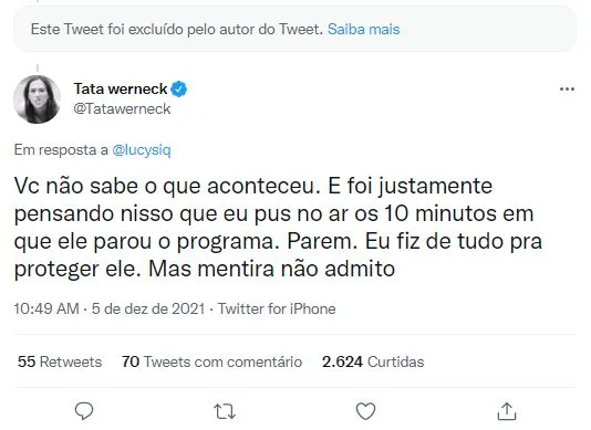 Tatá Werneck ressaltou ter tentado defender Fiuk de ataques após participação no Lady Night