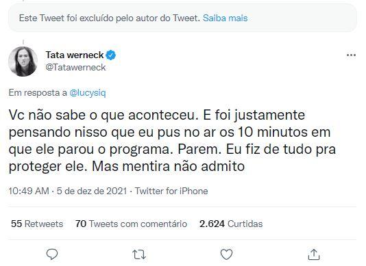 Tweet de Tatá Werneck afirmando que Fiuk mentiu sobre participação no programa