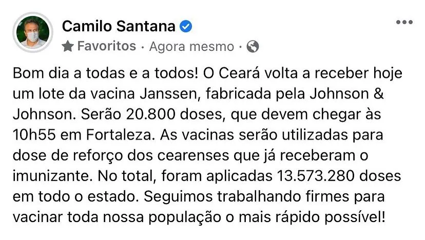 Governador anunciou a chegada do novo lote nas redes sociais