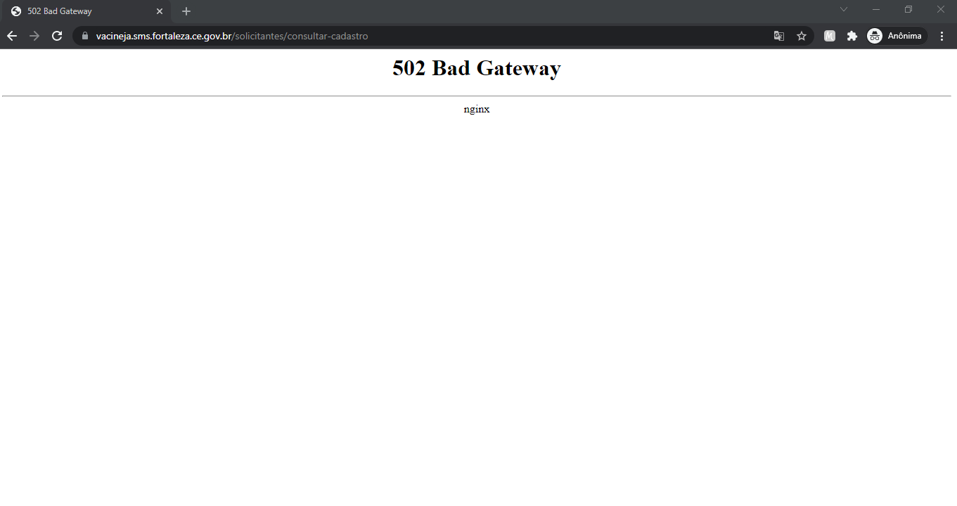 Home do site Vacine Já apresenta erro 502 Bad Gateway