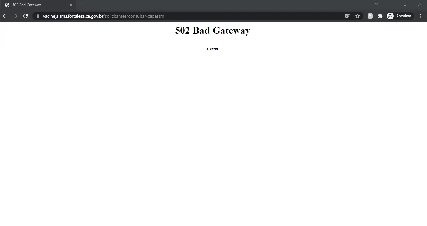 Home do site Vacine Já apresenta erro 502 Bad Gateway